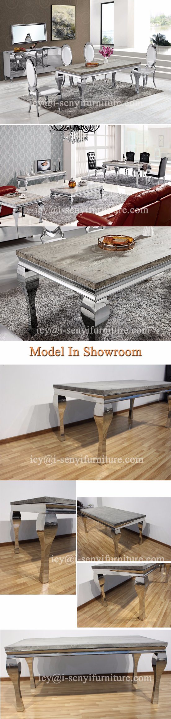 Imitated Wood Top or Marble or Glass Top Stainless Steel Dining Table