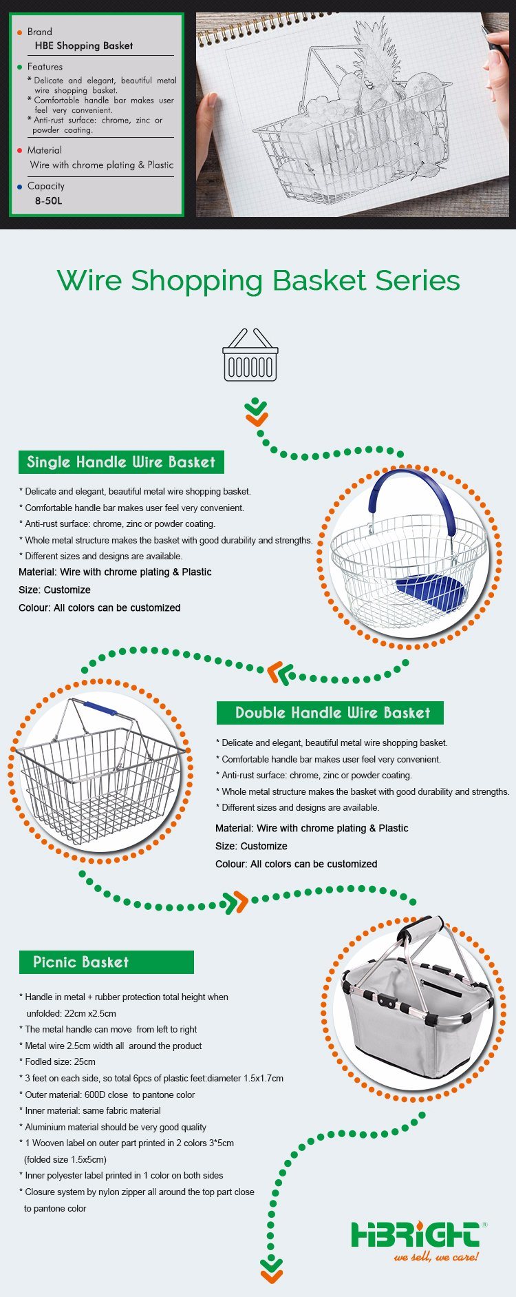 Supermarket Double Handle Metal Wire Shopping Basket