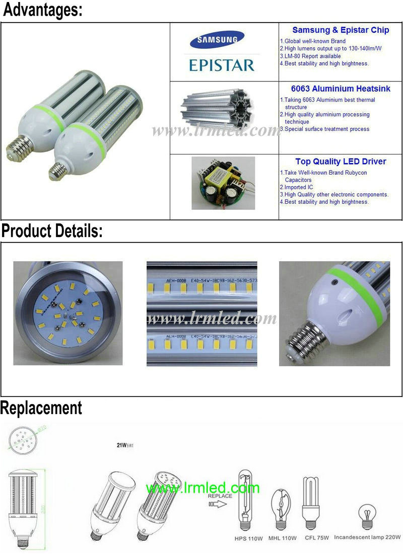 Manufacturer Energy Saving Lamp E27 E40 G12 21W LED Corn Light