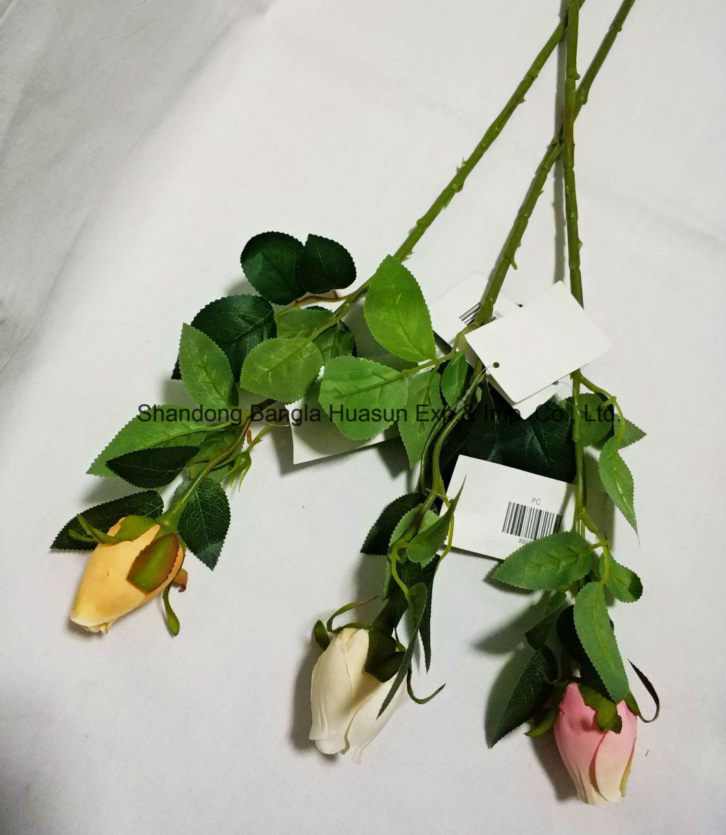 Artificial Plastic Silk Flower Real Looking Single Rose with Small Bud for Home Decoration