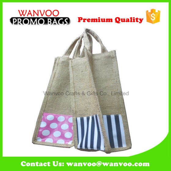 Customized Wholesale Foldable Jute Tote Shopping Bag with PVC Window for Wine