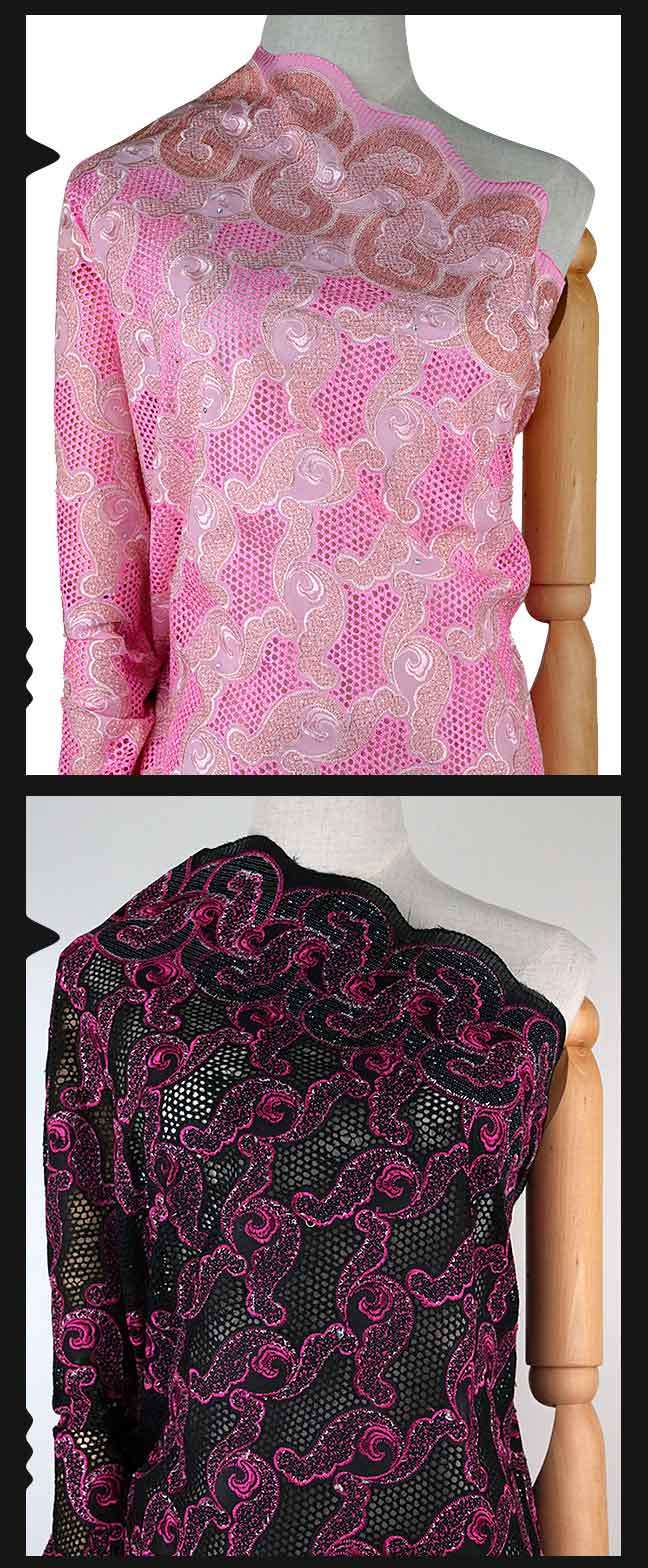 Black and Fushia Pink Mesh Embroidery Swiss Cotton Fabric