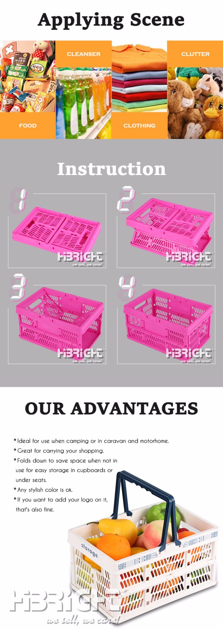 Folding PP Plastic Hand Shopping Basket with Double Handles