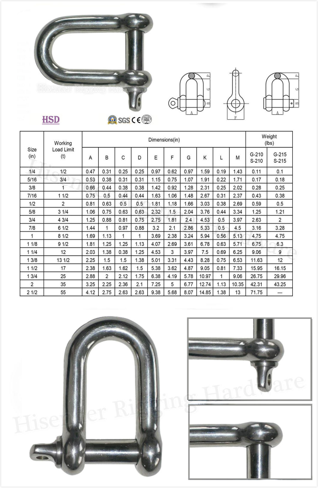 Stainless Steel304/316 U. S. Type G210 Dee Shackle for Marine Rigging