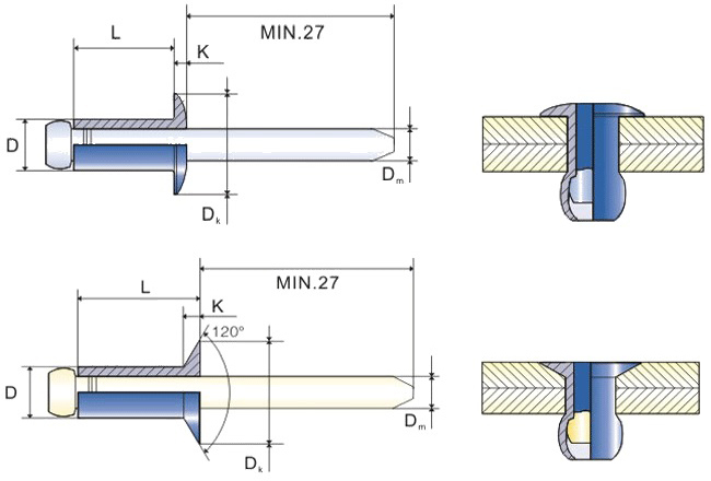 A2 304 316 Stainless Steel/Steel Open End Blind Rivet