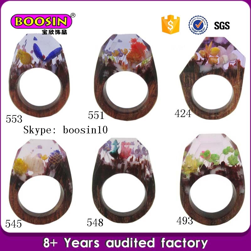 Custom Fashion Real Flower Jewelry Natural Wood and Resin Rings