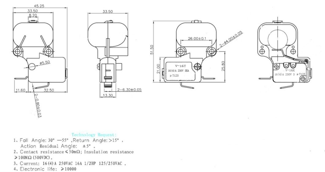 16A 250VAC Electrical Push Button Micro Switch