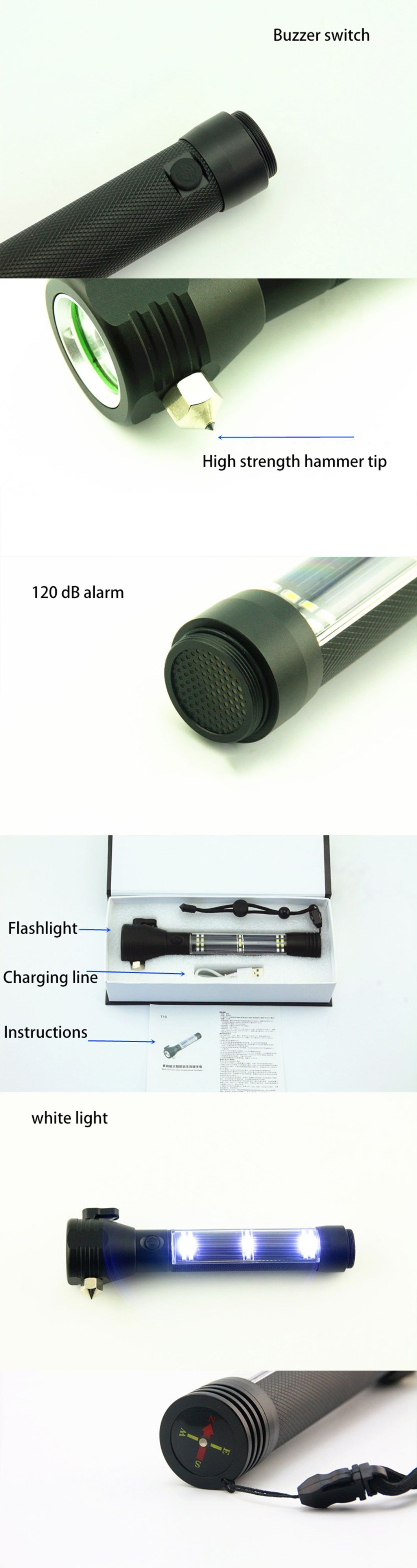 Multifunctional Solar Powered Safety Hammer LED Flashlight, Alarm Fescape Rescue LED Torch