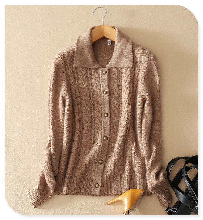 Ladies' Retro Style Knitwear Pure Cashmere Knitting Cardigan Coat Wtih Single-Breasted Long Sleeve Turtle-Neck