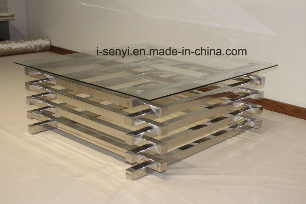 Modern Living Room Furniture Stainless Steel Frame Tempered Glass Top Square Coffee Table