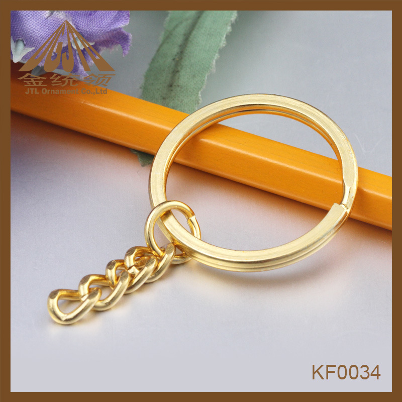 Fashion Nice Quality Gold Color Flat Key Ring with Chain in Bulk