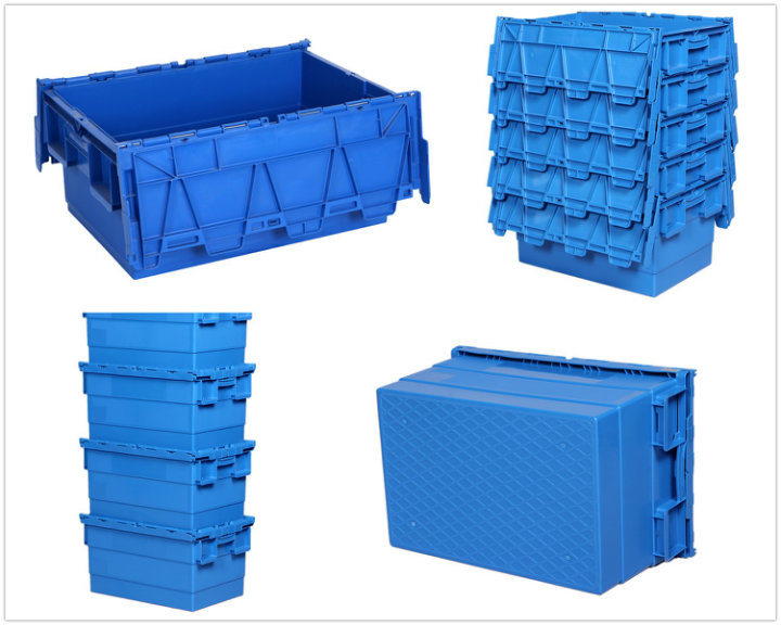 600X400X365mm Stackable Plastic Crate with Attached Lid