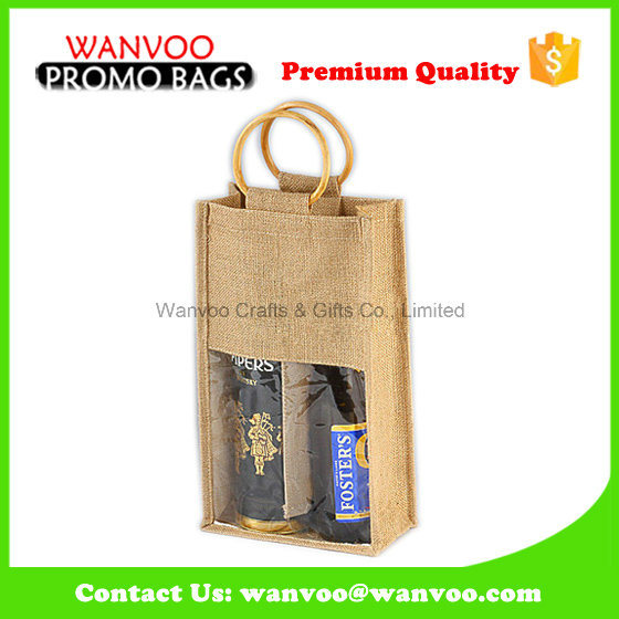 Customized Wholesale Foldable Jute Tote Shopping Bag with PVC Window for Wine