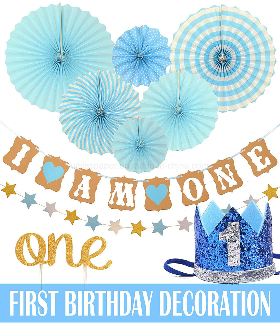 Umiss Paper I Am One Banner Cake Topper Baby Shower Decorations for Factory OEM