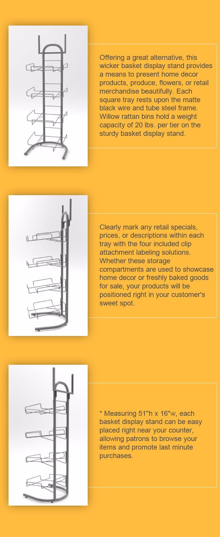 4 Tier Basket Stand Sign Clips Wicker Bakery Rack Produce Food Floor Display Rack