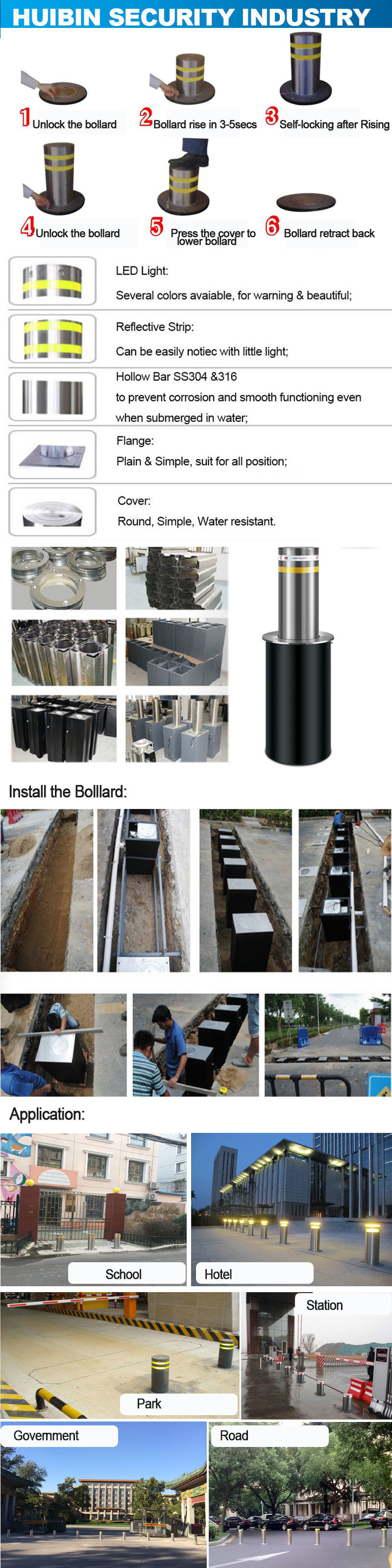 Anti-Crashed Automatic Rising Hydraulic Bollard with Reflective Tape