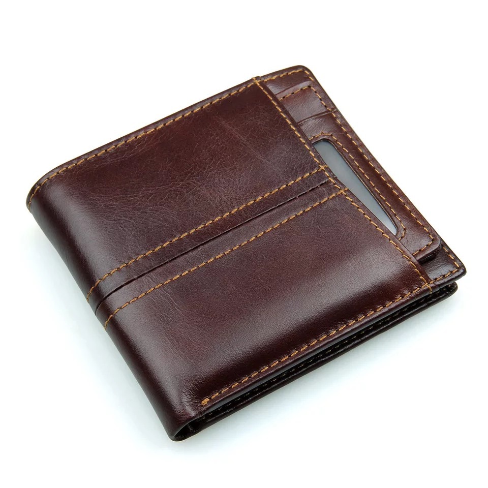 100% Genuine Cow Leather Short Bifold Anti-RFID Wallet for Men