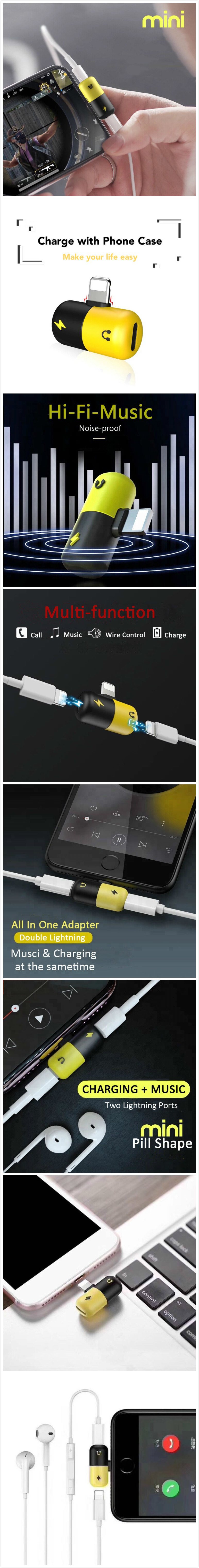 News Capsules Connector for iPhone Mini Pill Shape Charging Audio Adapter Earphone Convertor Charger Splitter Headphone Adapter