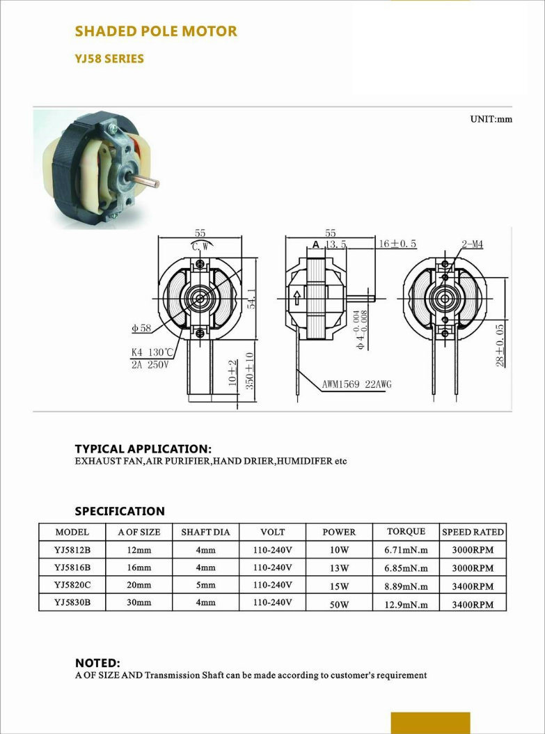 3000rpm Power-Saving Ce Certification Refrigeration Exhaust Fan Motor