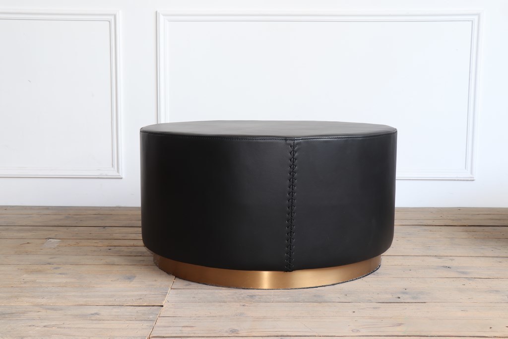 Vintage Black Leather Top and Plating Gold Color Brushed Round Bottom Coffee Table Side Table