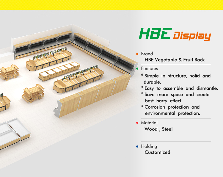 Double Sided Supermarket Water Proof Wooden Vegetable Display Shelf