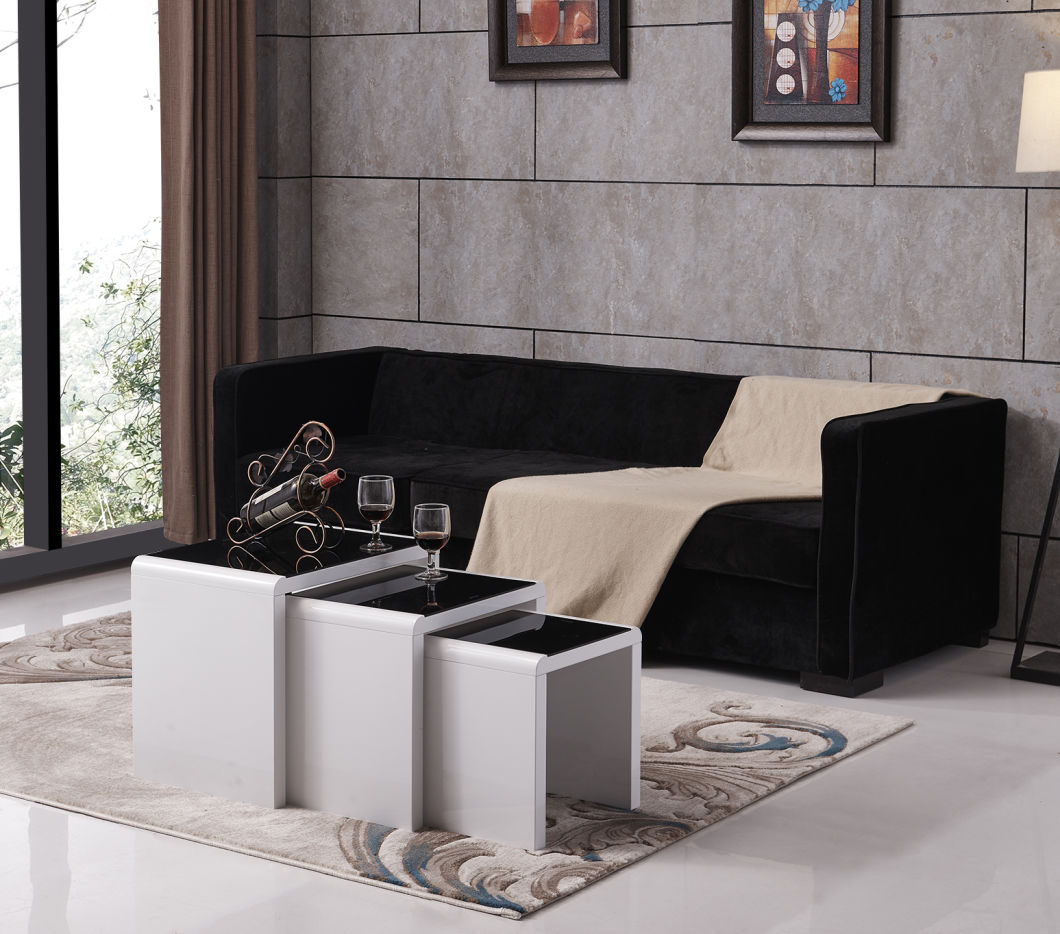 Home Furniture White Nesting Coffee Table/Tea Table/Coffee Side Table with Black Tempered Glass
