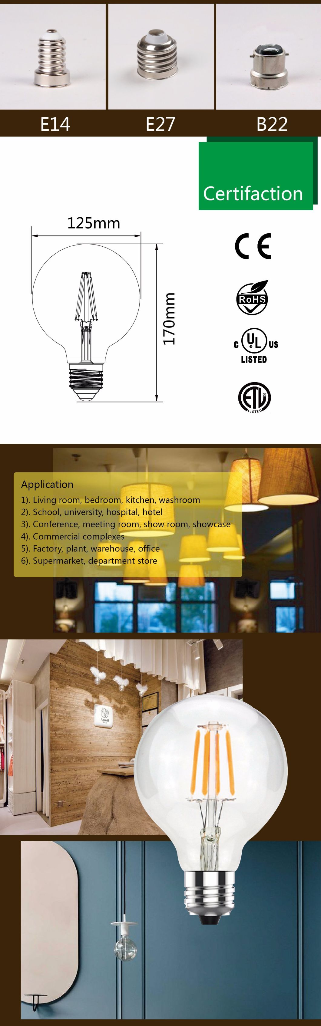 G125 LED Filament Bulb Lighting with Frosted or Milky Cover