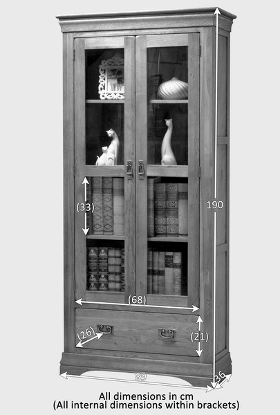 Rustic Vintage Oak Solid Wood Glass Front Display Cabinet