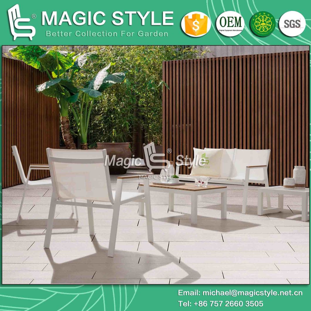 White Color Textile Outdoor Chair with Poly Wood Garden Sling Chaise Chair Hotel Poly Wood Tea Table Stackable Leisure Sofa