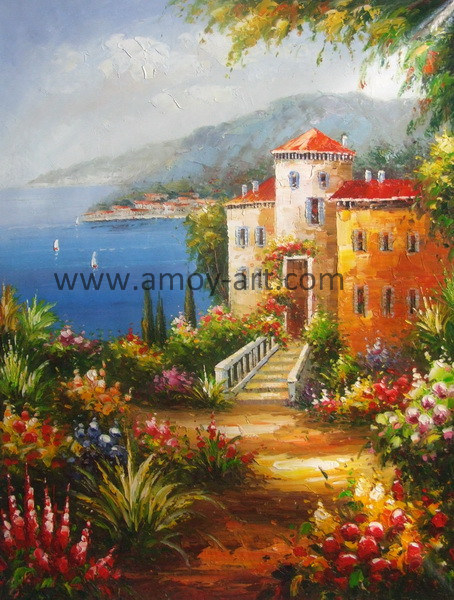 Handmade Mediterranean Landscape Oil Painting for Furniture