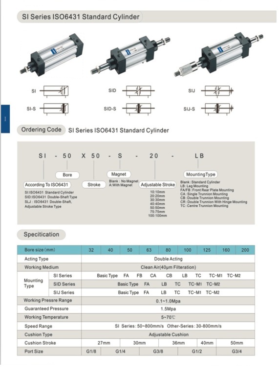 Si Series ISO6431 Standard Pneumatic Air Cylinder