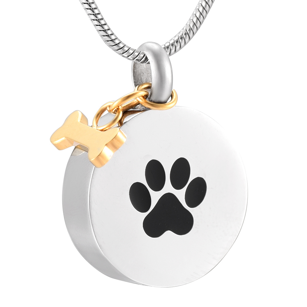 Round Pet Paw Urn Pendant Gold Bone Charm Memorial Jewellery