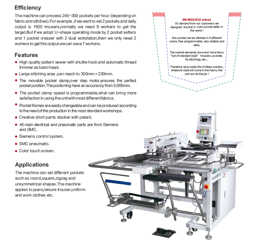 Em-9023; Automatic Industrial Lockstitch Pocket Setter Sewing Machine