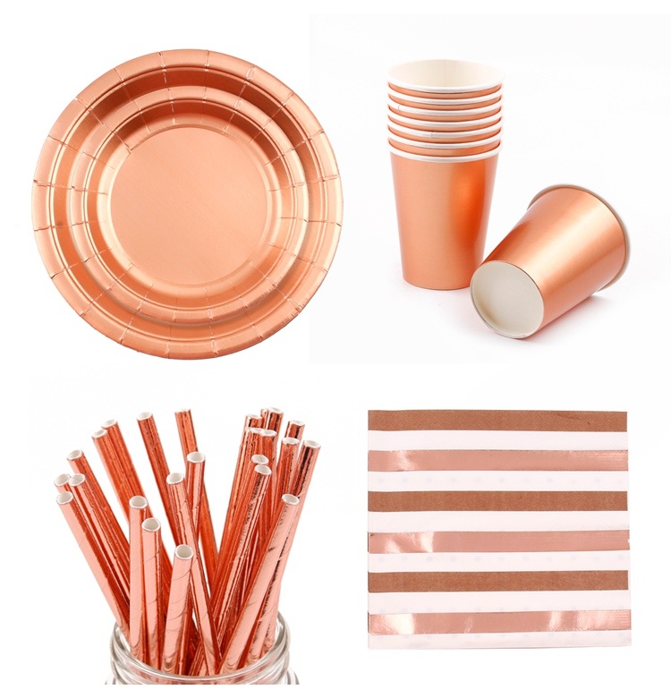 Rose Gold Disposable Tableware Sets Champagne Party Cup Plate Party Tableware for Wedding Decor Birthday Party Supplies