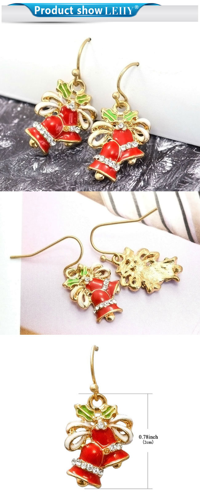 Red Enamel Epoxy Crystal Christmas Bells Drop Earrings