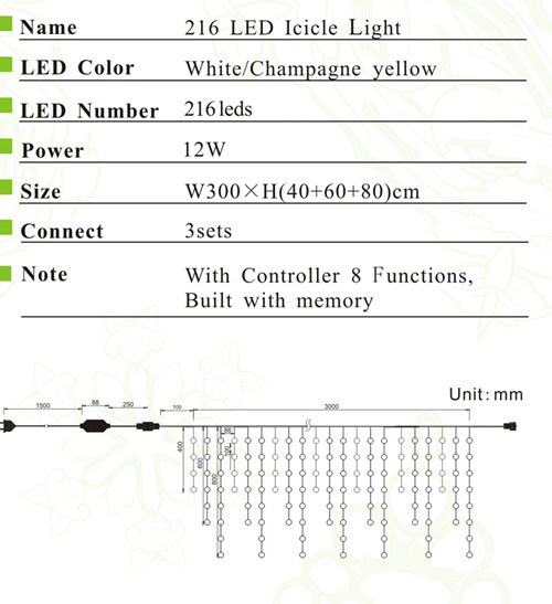 (216 LEDs) LED Icicle Holiday Light for Christmas Wedding Decoration