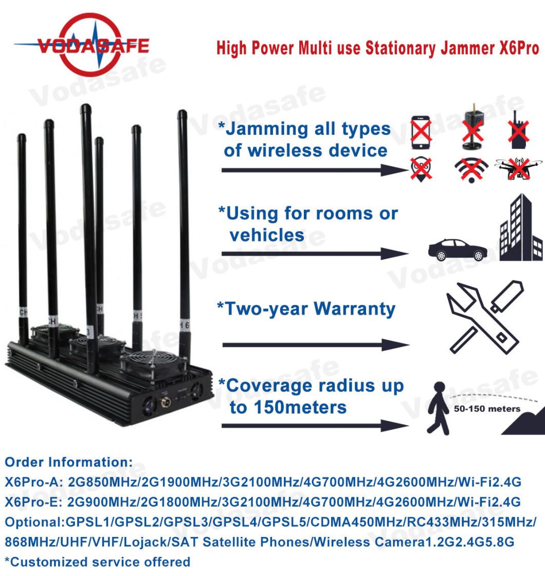 High Quality Best WiFi Signal Jammed, 6 Antenna High Power Wireless Cell Phone WiFi GSM CDMA Bomb Signal Blocker / Jammer