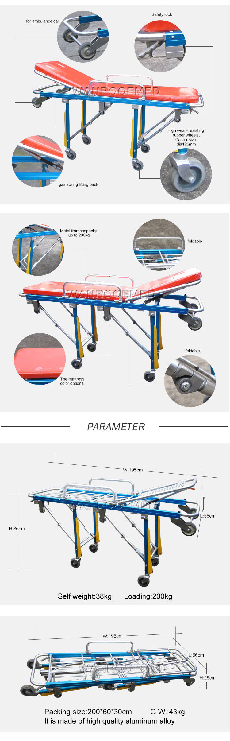 Ea-3A2 Aluminum Alloy Adjustable Ambulance Rescue Emergency Stretcher