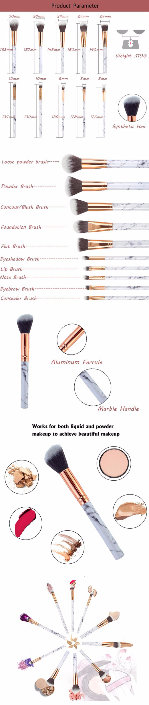 10PCS Professional Marble Makeup Brush Set