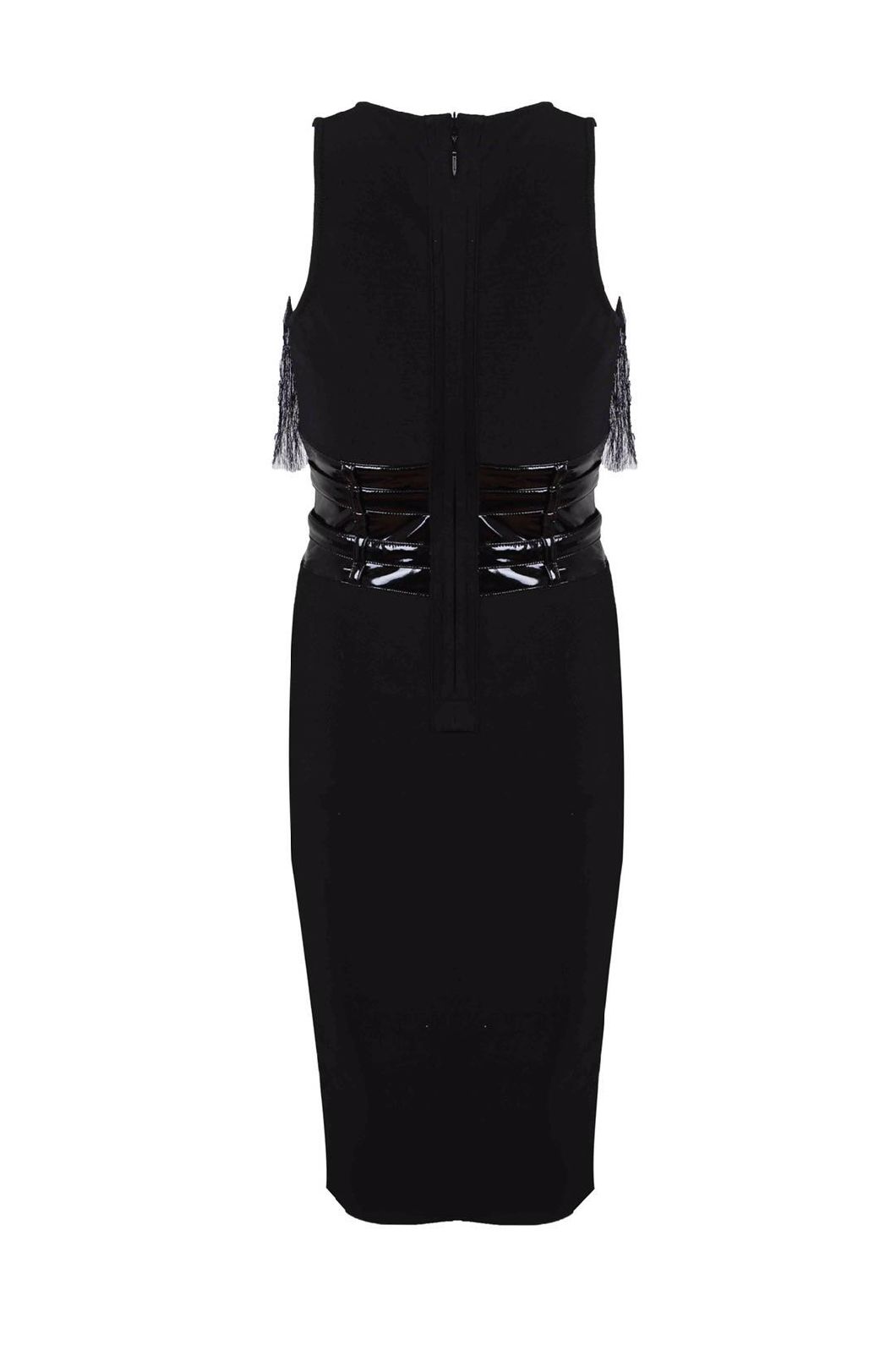 2018 in Europe and The Trend of Nightclub Round Collar PU Leather Black Feathers Bandage Dress