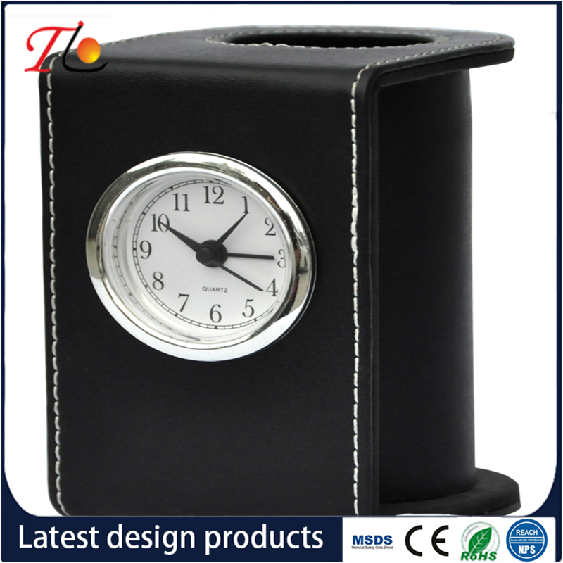 PU Desk Pen Holder Office Stationery with Alarm Clock