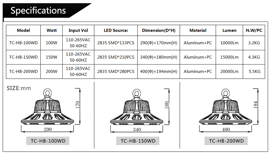 Warehouse Industrial UFO 150W LED High Bay Light 100W 150W 200W