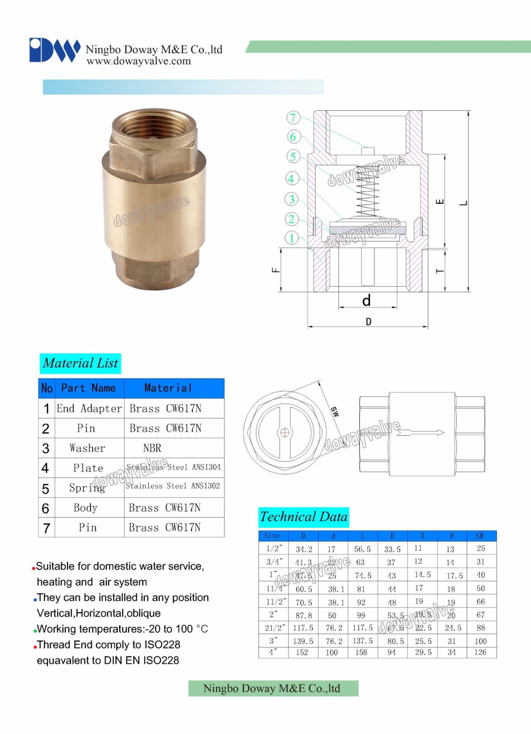 Low Pressure Lead Free Brass Non Return Check Valve