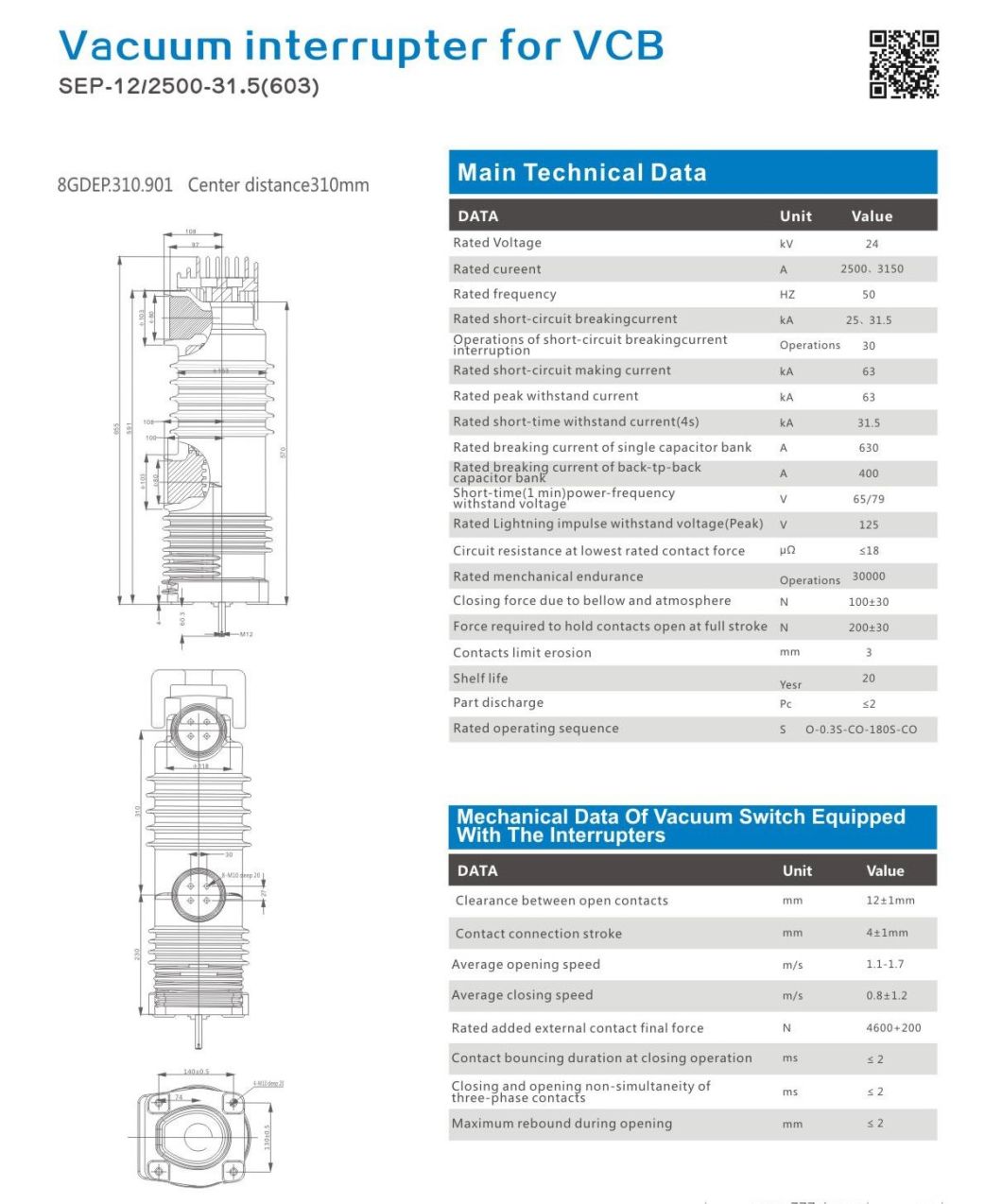 Vacuum Interrupter for Vcb Sep-12/2500-31.5 (603)