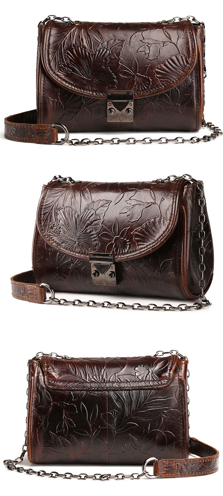 China Factory Cheap Price Embossed Flowers Pattern Brown Leather Sling Bag for Women