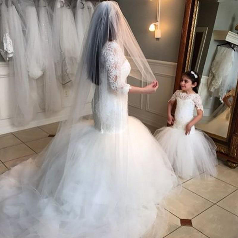 Customize Short Sleeve Lace and Tulle Mermaid Flower Girl Dress