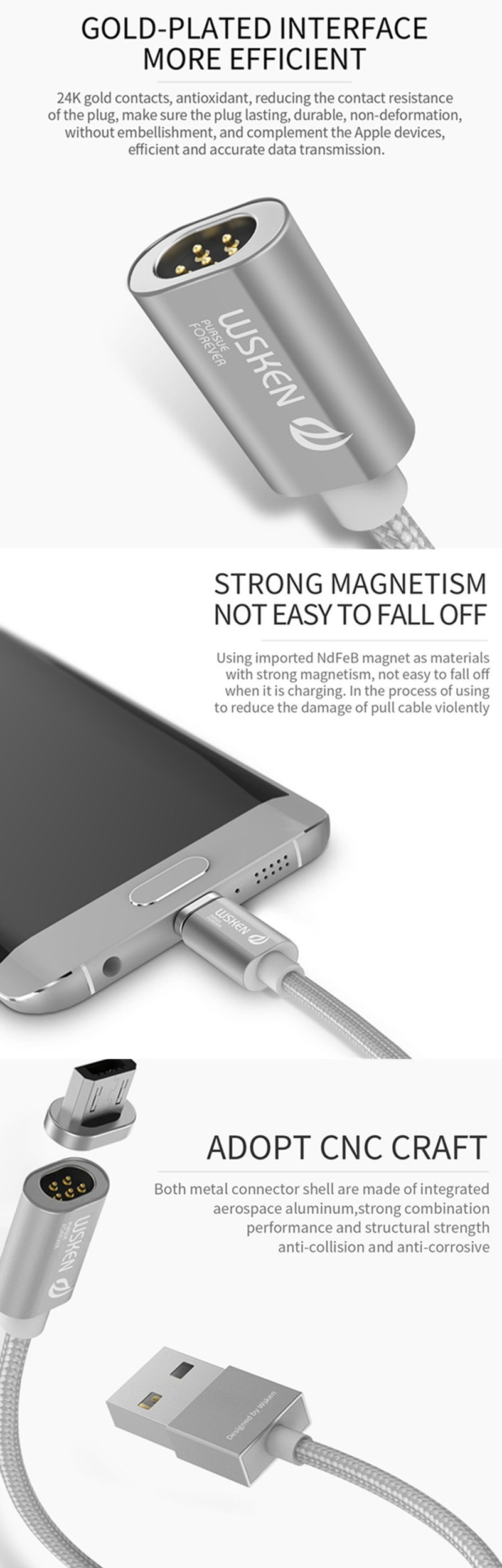 Wsken Metal Mini 2 Magnetic Micro USB Cable for iPhone/Micro