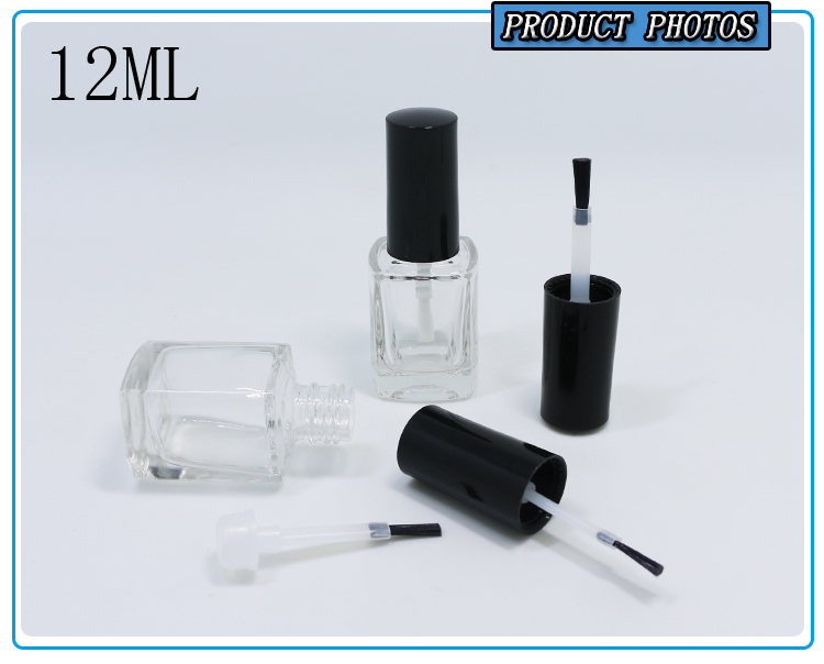 Clear Square Shape Glass Nail Polish Bottle with Screw Brush Cap 12ml