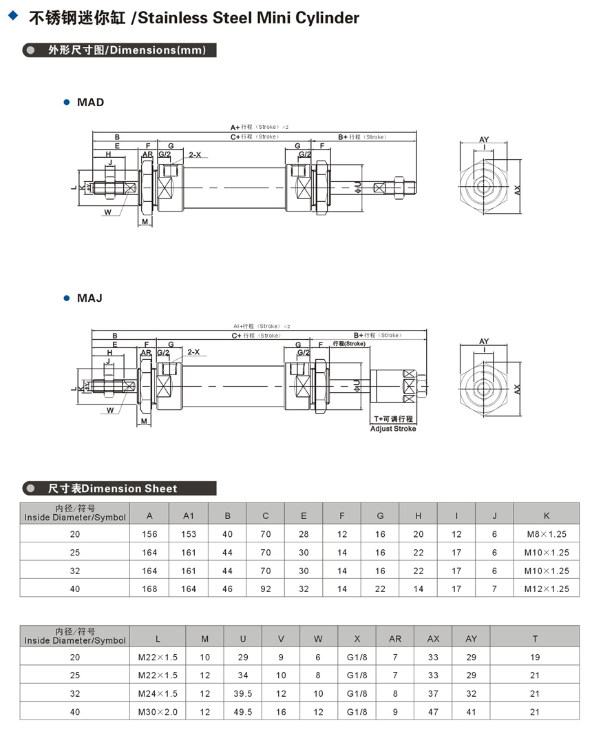 Ma Stainless Steel Mini Pneumatic Cylinders Bore25