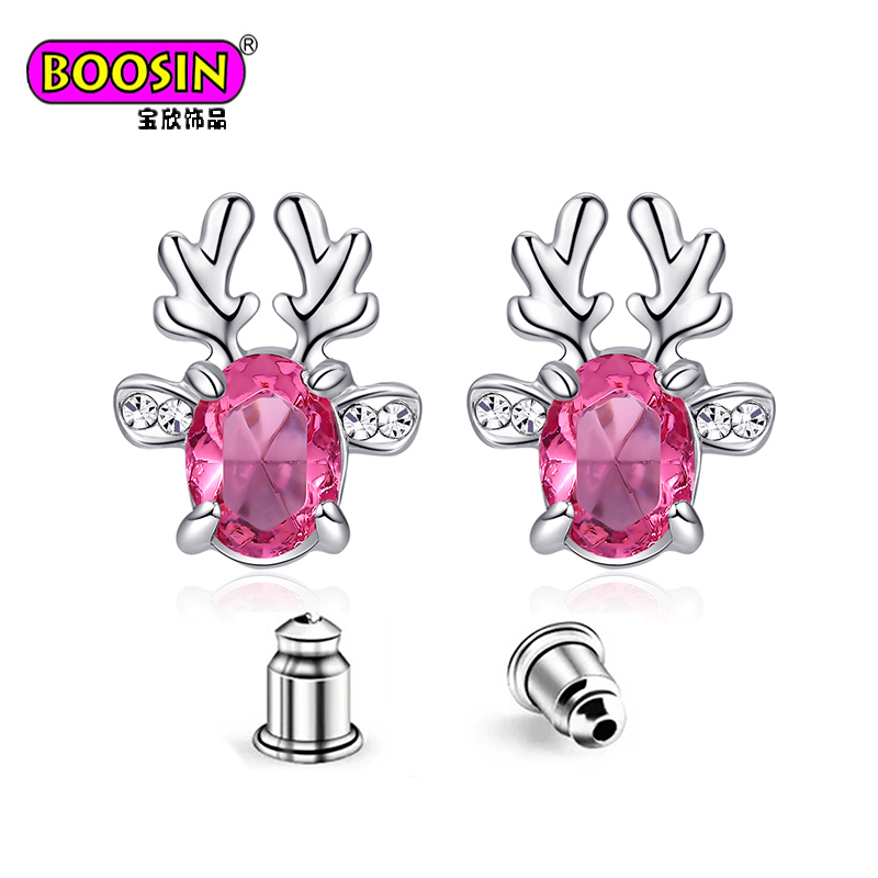 Xmas Gift Deer Elk Stud Earrings Antlers Earrings with Crystal